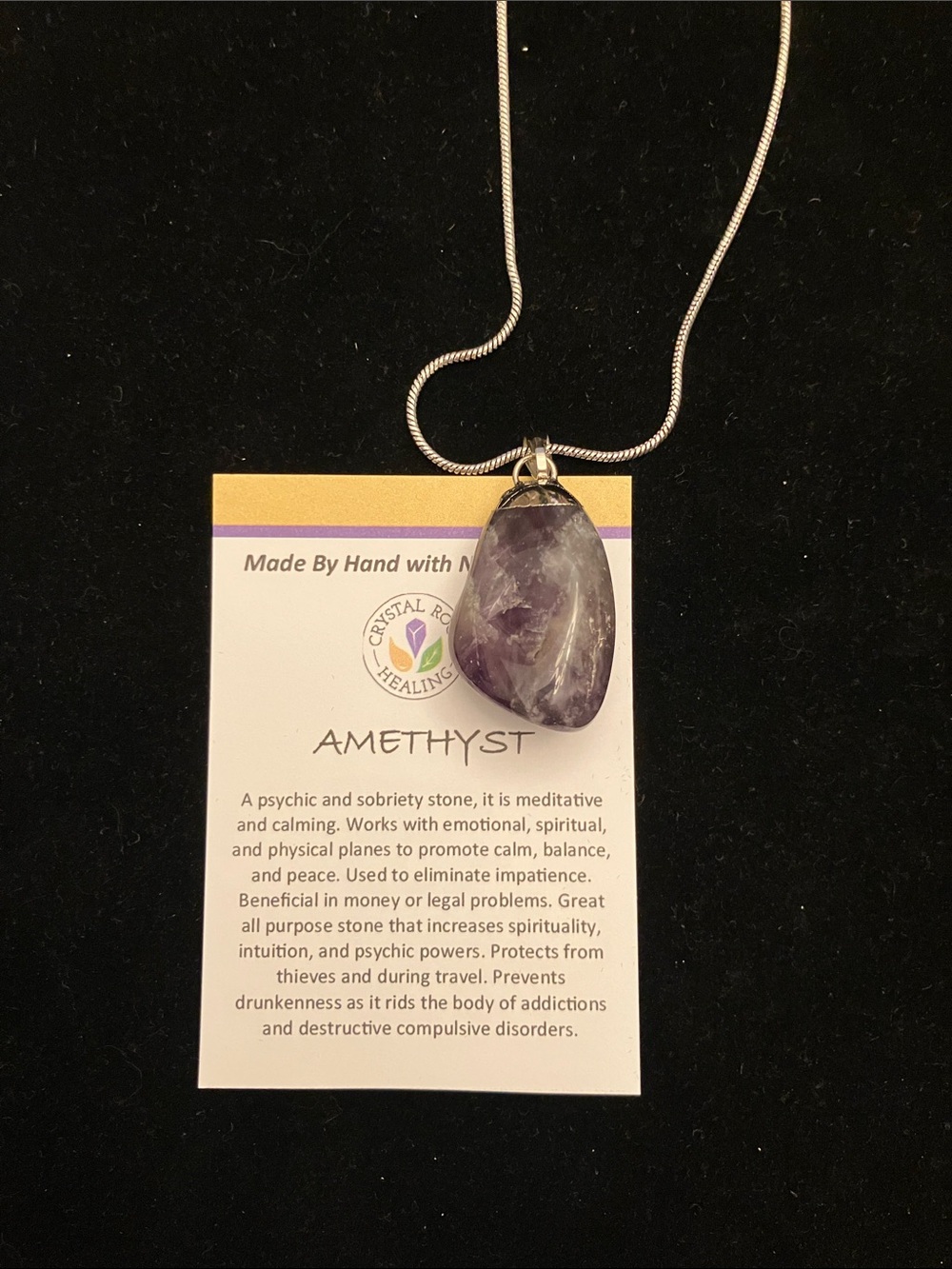 Amethyst Polish Stone Pendant Necklace in Purple with 18” silver chain